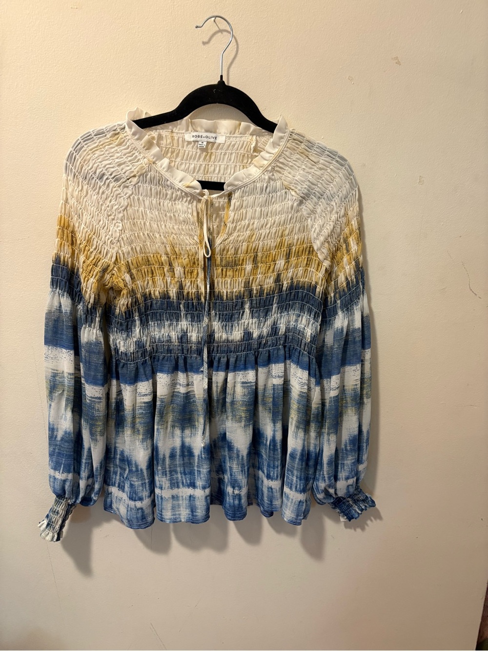 Rose & Olive Blue, White & Mustard Tie-Dye Smocked Peasant Blouse
